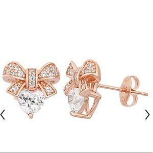 White Sapphire 18k Rose Gold Over Silver Bow & Heart Stud Earrings